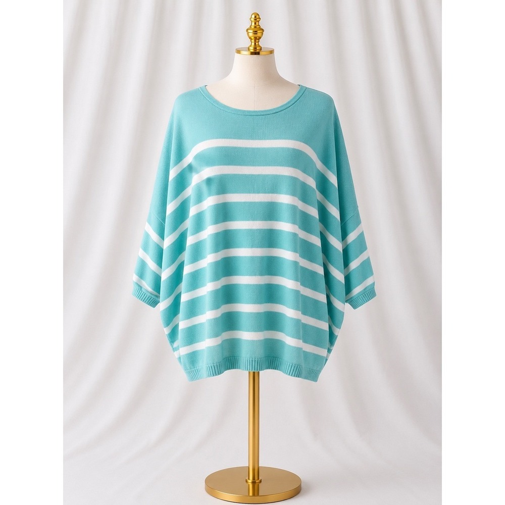 Denim & Co Striped Dropped Shoulder Ballet Sleeve Knit Sweater 3X Blue A596342